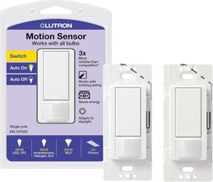 Lutron Motion Sensor Light Switch, 2 Amp Single Pole, for Any Bulb | Auto On/Auto Off sensor for bathroom, garage, laundry room, delay off timer, Title 24 compliant, MS-OPS2H-2-WH, White, 2 Pack
