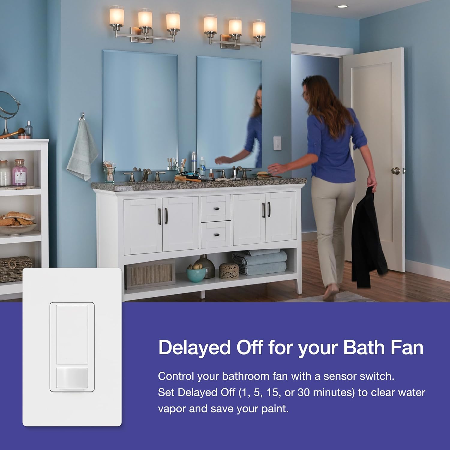Lutron Motion Sensor Light Switch, 2 Amp Single Pole, for Any Bulb | Auto On/Auto Off sensor for bathroom, garage, laundry room, delay off timer, Title 24 compliant, MS-OPS2H-2-WH, White, 2 Pack - Image 8