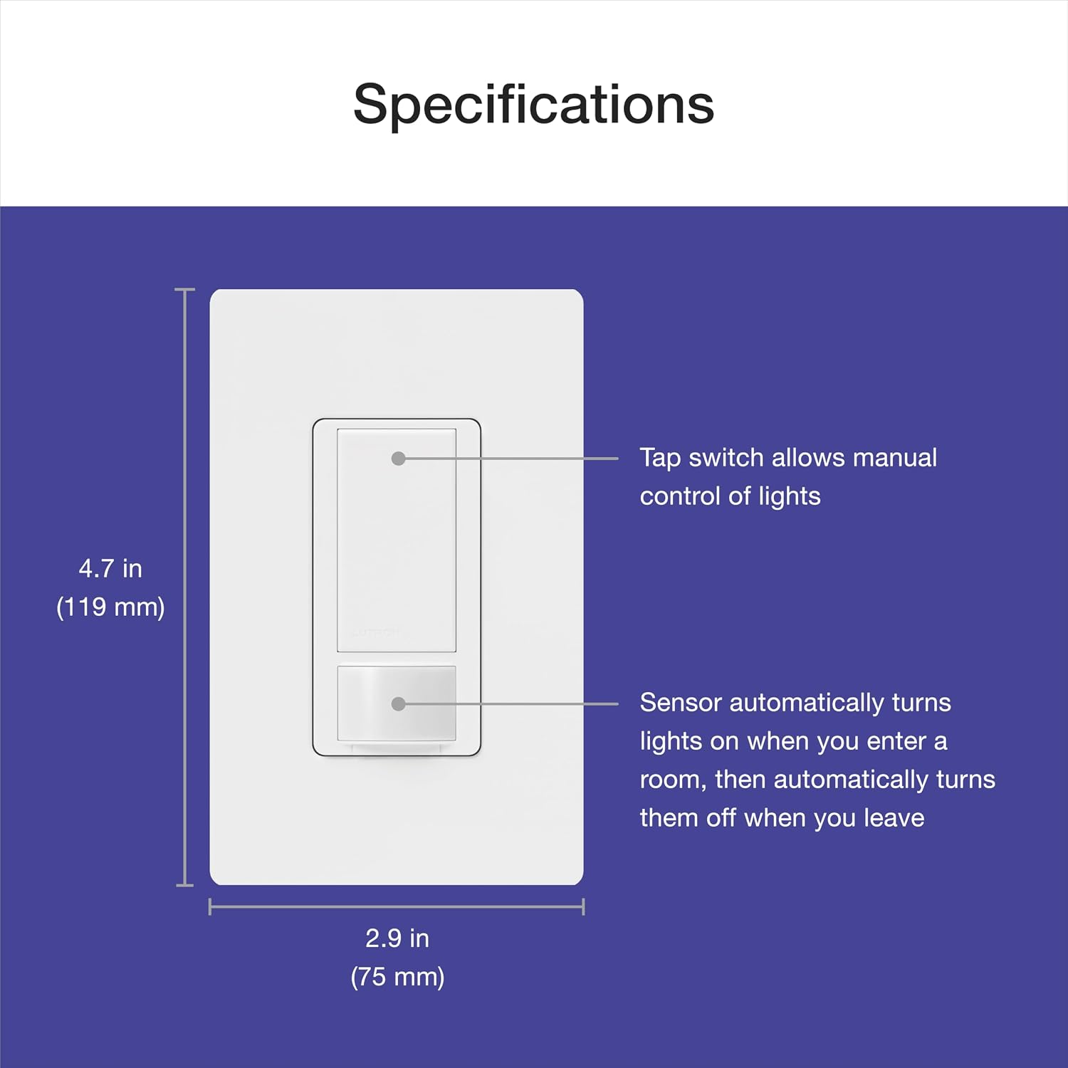 Lutron Motion Sensor Light Switch, 2 Amp Single Pole, for Any Bulb | Auto On/Auto Off sensor for bathroom, garage, laundry room, delay off timer, Title 24 compliant, MS-OPS2H-2-WH, White, 2 Pack - Image 10