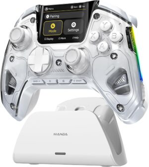 ManbaOne Interactive Screen Wireless Gaming Controller for PC/Switch/Switch 2/iOS/Android,Hall Effect Stick & Trigger,RGB Lighting,Remappable Buttons,1800mAh with Charging Dock (White) | for PC/Switch1/2/iOS/Android,Hall Effect Stick & Trigger,RGB Lighting,Remappable Buttons,1800mAh with Charging Dock