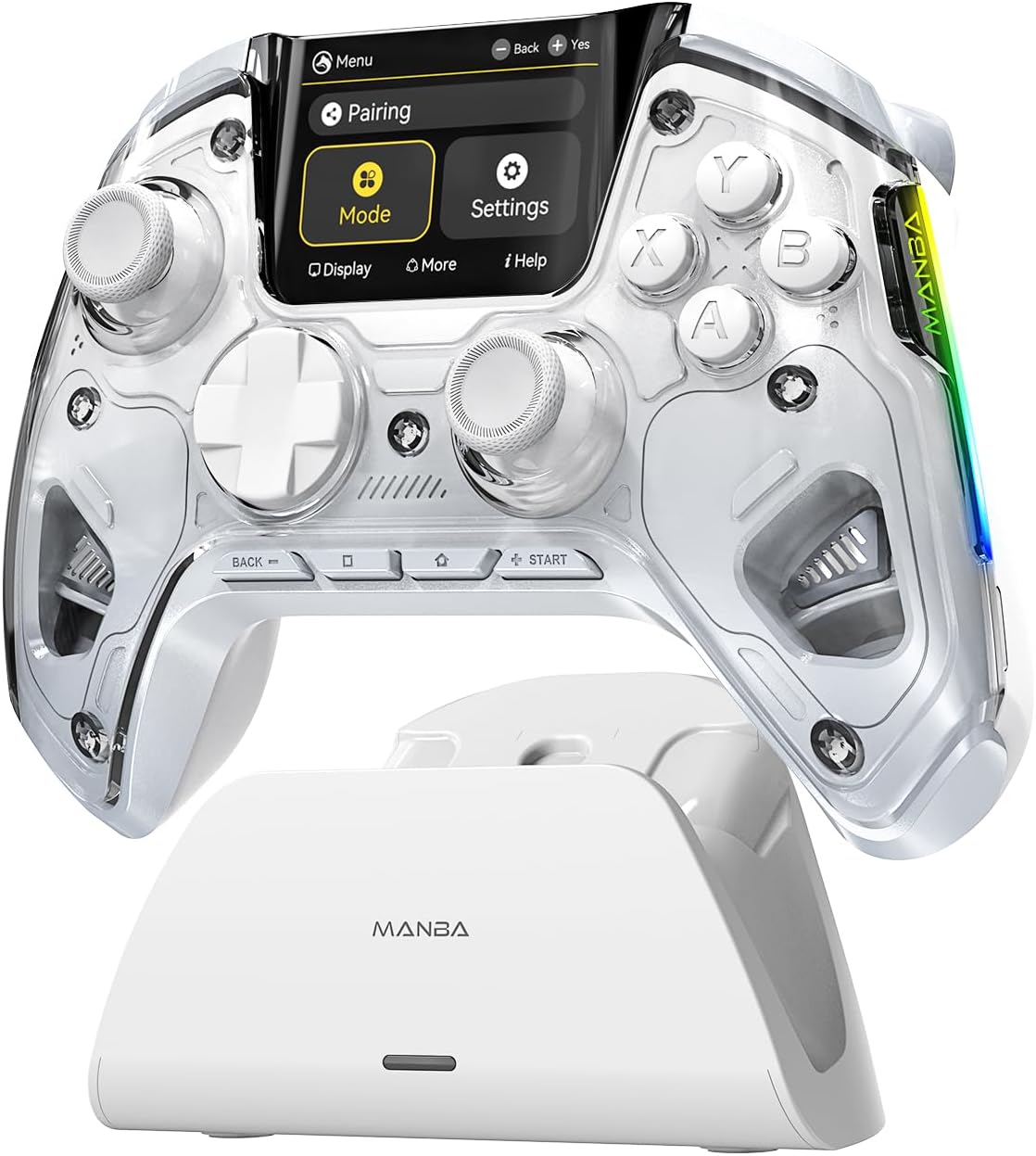 ManbaOne Interactive Screen Wireless Gaming Controller for PC/Switch/Switch 2/iOS/Android,Hall Effect Stick & Trigger,RGB Lighting,Remappable Buttons,1800mAh with Charging Dock (White) | for PC/Switch1/2/iOS/Android,Hall Effect Stick & Trigger,RGB Lighting,Remappable Buttons,1800mAh with Charging Dock